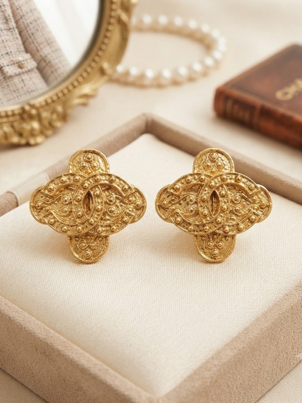 Modern Lux Gold Filigree Gold-Tone Decorative CC Fashion Button Earrings